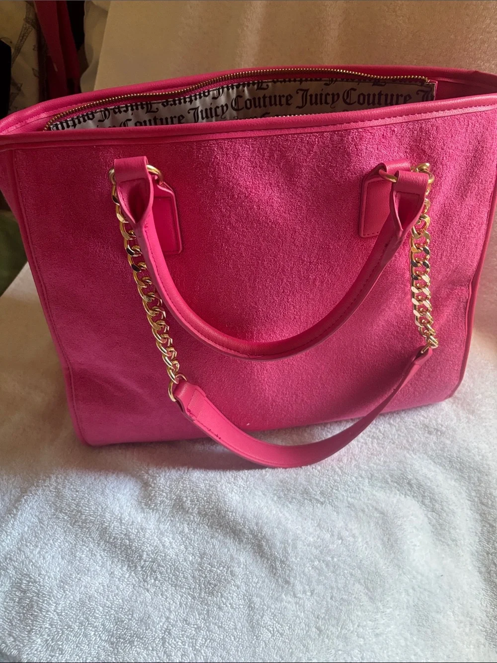 Juicy Couture Hot Pink Suede Tote with Gold Chain Handles